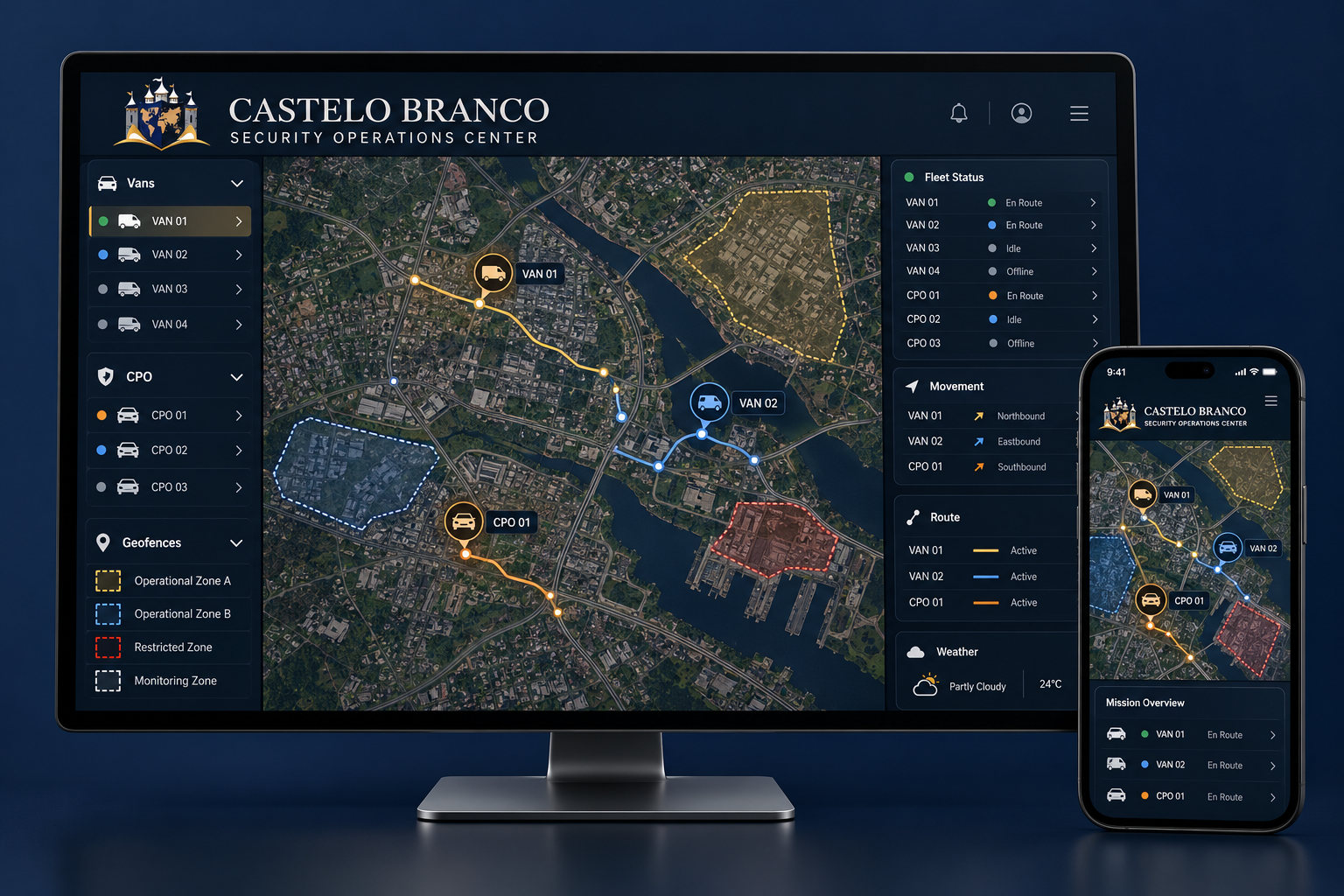 Representação visual do SOC Castelo Branco em uma tela de computador e no aplicativo móvel.